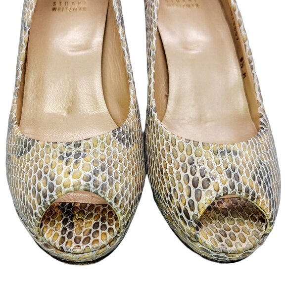 Stuart Weitzman Snake Print Peep-Toe Heels 8.5 Leather Pumps Classy & Chic - Picture 2 of 9
